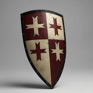 Op de afbeelding: Een wapenschild met een gevierendeeld ontwerp met afwisselende donkerrode en gebroken witte panelen. Elk paneel toont een gestileerd kruis in de contrasterende kleur. Het schild is omrand door een zwarte metalen rand met zichtbare zilveren klinknagels.