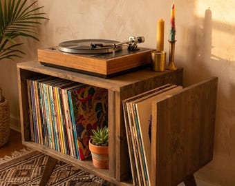 Soporte para tocadiscos de madera oscura, soporte moderno para discos de vinilo, unidad de almacenamiento de vinilos, consola para tocadiscos