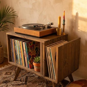 Dark Wood Record Player Stand, Modern LP Holder, Vinyl Storage Unit, Turntable Console