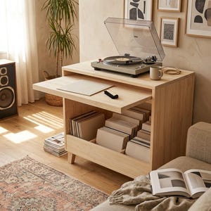 Könnte beinhalten: Eine helle Holzkonsole für einen Plattenspieler mit einer oberen Ablagefläche für das Gerät, einem ausziehbaren Regal für Schallplatten und einem offenen unteren Staufach, das mit mehreren in vertikalen Reihen angeordneten Schallplattenhüllen gefüllt ist.