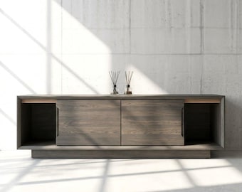 Dark Wood TV Stand, Wooden Modern Media Holder, Vinyl Storage LP Unit, Turntable Console