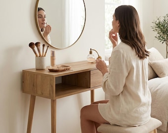 Coiffeuse de chambre à coucher, support en bois de maquillage, bureau de couloir avec tiroir Mid-Century