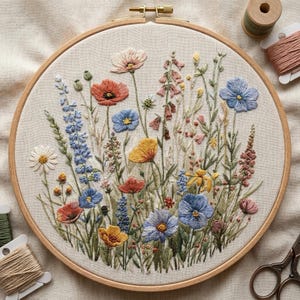 Kit de broderie prairie de fleurs sauvages - Artisanat botanique bricolage