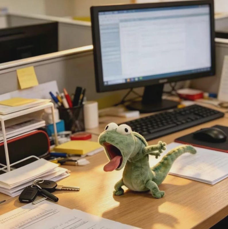 Pode incluir: Um brinquedo de pel&uacute;cia verde em forma de lagarto com a boca aberta e a l&iacute;ngua rosa, sentado em uma mesa de madeira. O brinquedo tem olhos brancos grandes e bra&ccedil;os estendidos. Um monitor de computador, teclado e material de escrit&oacute;rio est&atilde;o no fundo.