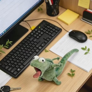 Pode incluir: Um brinquedo de pel&uacute;cia verde camale&atilde;o com uma longa l&iacute;ngua rosa e olhos grandes em uma mesa de madeira. Um teclado preto, mouse e monitor de computador tamb&eacute;m est&atilde;o na mesa, junto com alguns pap&eacute;is.