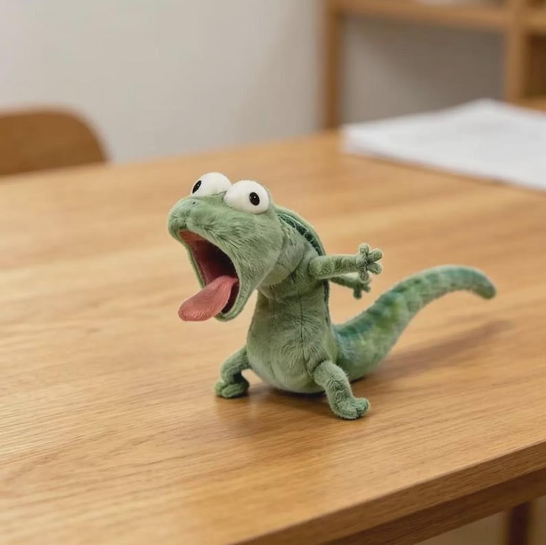 Pode incluir: Um brinquedo de pel&uacute;cia verde em forma de lagarto com a boca bem aberta e uma l&iacute;ngua rosa. O brinquedo tem olhos brancos grandes e bra&ccedil;os estendidos, dando-lhe uma apar&ecirc;ncia expressiva. O lagarto est&aacute; posicionado em uma superf&iacute;cie de madeira.