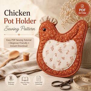 Chicken Oven Mitt Sewing Pattern PDF | Libby the Ruffle Tail Chicken Potholder Pattern | Farmhouse Kitchen | Vintage inspired potholder
