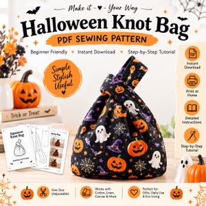 May include: A black fabric knot bag featuring a Halloween-themed print of orange pumpkins, white ghosts, purple witch hats, and spiderwebs. The bag has a unique handle design where one side is longer than the other to create a secure knot closure.