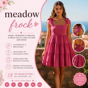 May include: A magenta tiered dress featuring adjustable tie shoulder straps and a square neckline. The image includes text reading meadow frock, PDF sewing pattern, and sizes available from XS to XXL, highlighting a beginner friendly design.