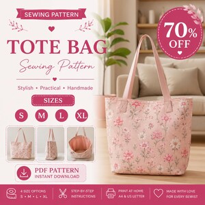 Puede incluir: Un bolso tote rosa con un estampado floral, que presenta un diseño de patrón de costura. La imagen incluye el texto "TOTE BAG Sewing Pattern" y "PDF PATTERN INSTANT DOWNLOAD". El diseño ofrece cuatro opciones de tamaño: S, M, L y XL.