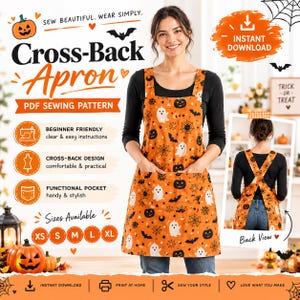 May include: A cross-back apron PDF sewing pattern featuring an orange fabric with a black and white Halloween print of ghosts, pumpkins, bats, and spiderwebs. The design includes a front pocket and is available in sizes XS through XL.