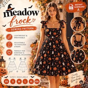Könnte beinhalten: Ein schwarzes, gestuftes Nähkleid-Schnittmuster mit einem wiederkehrenden Druck aus orangefarbenen Kürbissen, weißen Geistern und kleinen Fledermäusen. Das Kleid hat verstellbare Träger zum Binden und einen eckigen Ausschnitt. Größen XS bis XXL.