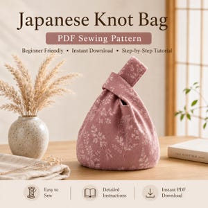 May include: A dusty rose Japanese knot bag featuring a white botanical leaf pattern. The bag has a unique asymmetrical handle design where one side loops through the other. Text on the image reads: Japanese Knot Bag, PDF Sewing Pattern.