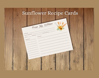 Tarjetas de recetas imprimibles Organizador de cocina Plantilla de recetas de girasol Cocina rústica Tarjeta 4x6 Regalo para despedida de soltera Regalo para anfitriona de inauguración de casa
