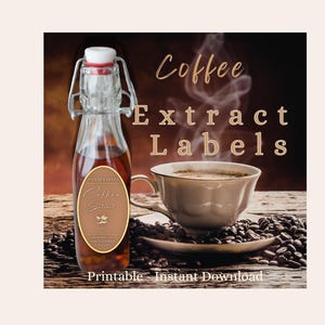 Etiketter för kaffeextrakt, utskrivbar mall, flasketiketter, hemlagad extrakt, presentetikett, kaffeälskare, köksskafferi, burketikett, bakextrakt, gör-det-själv