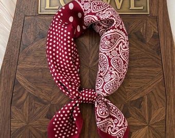 Designer Silk Square Scarf, Red Paisley Polka Dot Headband Purse Accessory