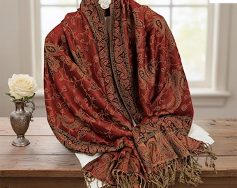 Embroidered Scarf for Women, Jacquard Fringe Pashmina Shawl, Soft Cashmere Feel Winter Wrap, Warm Blanket Scarf Autumn Fashion
