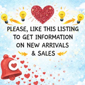 May include: A digital graphic with a red glitter heart, yellow lightbulbs, and a red bell. Text reads "PLEASE, LIKE THIS LISTING TO GET INFORMATION ON NEW ARRIVALS & SALES". Hearts and stars are scattered across a blue background.