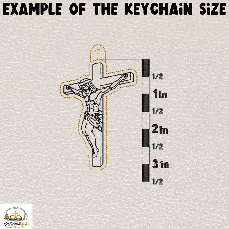 May include: An example of a keychain size is shown. The image features a black and gold outline of Jesus on a cross. A ruler shows the keychain is approximately 3 inches in height. The text "EXAMPLE OF THE KEYCHAIN SIZE" is at the top.