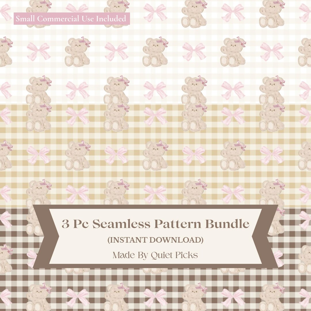 Teddy Bear and Pink Bow Coquette Seamless Pattern (PNG/JPG Instant ...