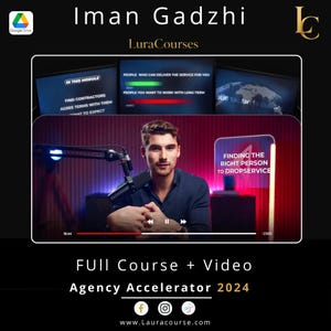 Puede incluir: Un anuncio de curso digital con una miniatura de video de una persona hablando por un micrófono. Las superposiciones de texto incluyen Iman Gadzhi, LuraCourses, Agency Accelerator 2024 y Finding the right person to dropservice, con iconos.