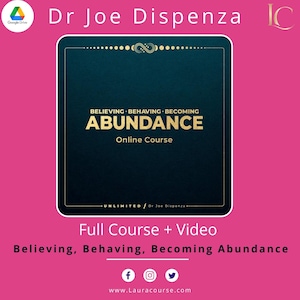 Op de afbeelding: Een promotionele afbeelding voor een online cursus getiteld "Abundance" door Dr. Joe Dispenza. Het ontwerp heeft een donkerblauwe achtergrond met gouden tekst die luidt "Believing, Behaving, Becoming Abundance, Online Course". De afbeelding bevat ook de tekst "Full Course + Video".