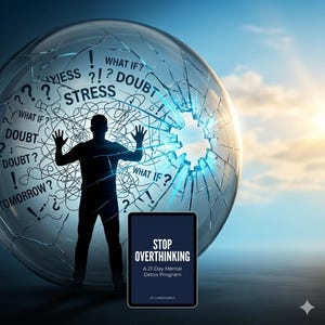 May include: A digital illustration depicts a person silhouetted against a shattered glass sphere filled with words like "anxiety" and "doubt." A tablet displays the text "STOP OVERTHINKING" and "A 21-Day Mental Detox Program."