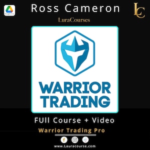 Può includere: Una grafica digitale con il testo Ross Cameron, LuraCourses, Warrior Trading, Full Course + Video, Warrior Trading Pro e www.Lauracourse.com. Un'icona di elmo da guerriero blu è centrata in un quadrato bianco con un bordo blu.