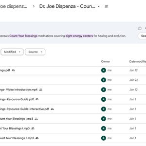 May include: Screenshot of a digital file folder titled "Bundle - Dr. Joe Dispenza - Coun..." displaying various PDF, video, and audio files. The files are related to "Count Your Blessings" meditations.