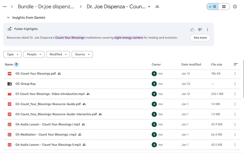 May include: Screenshot of a digital file folder titled "Bundle - Dr. Joe Dispenza - Coun..." displaying various PDF, video, and audio files. The files are related to "Count Your Blessings" meditations.