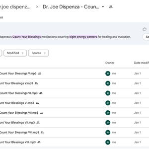 May include: A digital document titled "Bundle - Dr. Joe Dispenza - Count..." displays a list of audio lessons and meditations. The files are named "Count Your Blessings" and include versions V through VIII. The file sizes range from 43.6 MB to 70.7 MB.