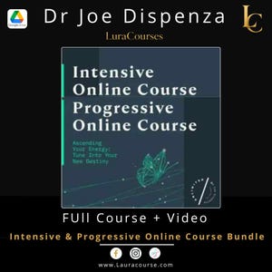 Könnte beinhalten: Eine digitale Kursgrafik mit dem Text Dr Joe Dispenza, LuraCourses, Intensive Online Course, Progressive Online Course und Ascending Your Energy: Tune Into Your New Destiny sowie einer geometrischen Schmetterlingsgrafik in Blaugrün.