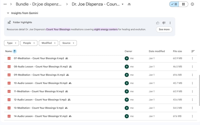 May include: Screenshot of a digital folder titled "Bundle - Dr. Joe Dispenza..." displaying audio files. The files are named "Count Your Blessings" meditations and lessons, with file sizes ranging from 40.7 MB to 69.6 MB.