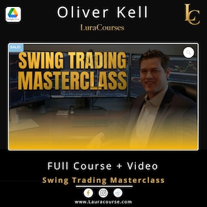 Könnte beinhalten: Eine digitale Anzeige für die Swing Trading Masterclass von Oliver Kell. Das Bild zeigt eine Person im Anzug vor mehreren Computerbildschirmen mit Finanzcharts. Der Text enthält "SWING TRADING MASTERCLASS" und "FULL COURSE + VIDEO".