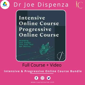 Op de afbeelding: Een promotieafbeelding voor een online cursusbundel. De afbeelding bevat de tekst "Intensive Online Course" en "Progressive Online Course" op een donkerblauwe achtergrond. De woorden "Ascending Your Energy: Tune Into Your New Destiny" zijn ook zichtbaar. De afbeelding bevat een groene vlindergrafiek en de tekst "Full Course + Video".