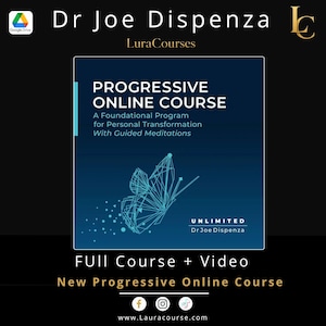 以下が含まれることがあります： Dr. Joe DispenzaのProgressive Online Courseのデジタルグラフィック。青い正方形には、幾何学的な蝶のイラスト、Progressive Online Course、A Foundational Program for Personal Transformation With Guided Meditations、Unlimited Dr. Joe Dispenzaというテキストが含まれています。追加のテキストには、LuraCourses、Full Course + Video、New Progressive Online Course、ウェブアドレスwww.Lauracourse.comが含まれます。