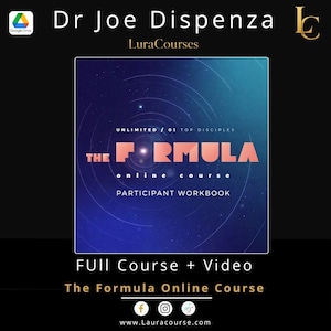 Op de afbeelding: Een digitale afbeelding voor het werkboek van de online cursus The Formula van Dr. Joe Dispenza. Het centrale vierkant toont een donkerblauwe sterrenachtergrond met witte cirkelvormige lijnen, de tekst THE FORMULA en FULL COURSE + VIDEO eronder.