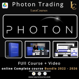 May include: A digital educational bundle titled Photon Trading LuraCourses featuring a blue box labelled Zero to Funded, video tutorials, and trading software interfaces on computer screens. The text includes Full Course + Video online Complete course Bundle 2022 - 2026 and the website address www.Lauracourse.com.