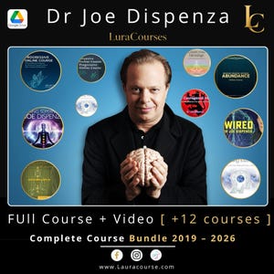 Puede incluir: Un gráfico promocional con el Dr. Joe Dispenza sosteniendo un modelo de cerebro humano, rodeado de iconos circulares de cursos en línea. El texto incluye Dr. Joe Dispenza, LuraCourses, Full Course + Video [+12 courses] y Complete Course Bundle 2019-2026.