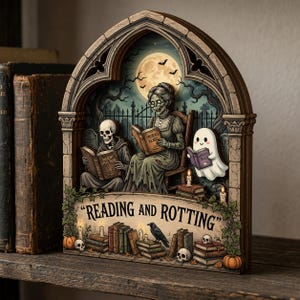 Reading And Rotting 3D Layered Wooden Block, Skeleton Reading Decor, Halloween Book Lover Gift, Gothic Shelf Sitter, Dark Academia Decor