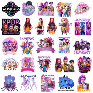 Pode incluir: Uma coleção de adesivos e gráficos com tema K-Pop. Os designs apresentam ilustrações estilizadas de personagens em estilo anime, logotipos e texto, incluindo "HUNTRIX", "KPOP" e "DEMON HUNTERS". A paleta de cores inclui azuis, roxos e amarelos vibrantes.
