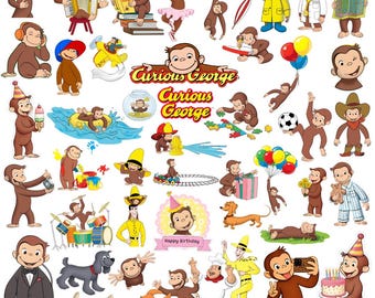 May include: A collection of Curious George illustrations featuring the brown monkey in various activities, including playing instruments, wearing costumes, holding balloons, and interacting with friends, alongside the Curious George logo text.