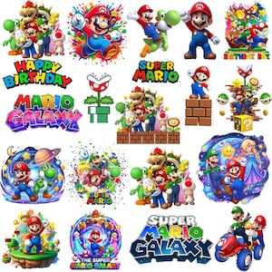 May include: A collection of Super Mario themed stickers featuring Mario, Luigi, Princess Peach, Bowser, Yoshi, and Toad in various poses, along with colorful text logos like Happy Birthday, Super Mario, and Mario Galaxy.