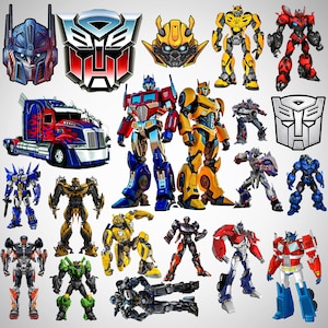 May include: A collection of Transformers character stickers featuring Optimus Prime and Bumblebee in various robot forms, a blue and red semi-truck, and multiple Autobot logos. The designs include detailed mechanical parts in blue, red, yellow, and silver.