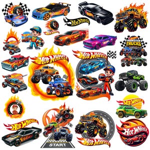 Può includere: Una collezione di adesivi a tema Hot Wheels con varie macchinine, monster truck, piste da corsa, bandiere a scacchi, fiamme e personaggi dei cartoni animati in tenuta da gara, completi di numerosi loghi Hot Wheels e motivi sportivi.