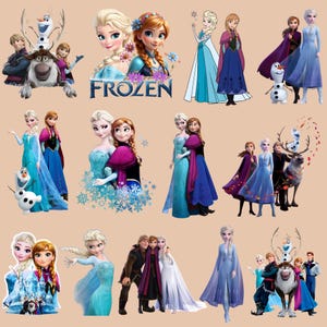 May include: A collection of stickers featuring characters from the animated film "Frozen." The stickers showcase Elsa, Anna, Olaf, Kristoff, and Sven in various poses and outfits. The word "FROZEN" is also displayed.