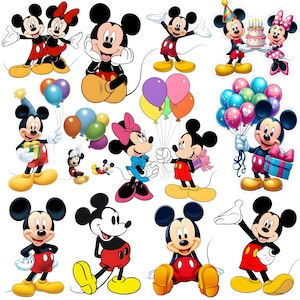 Może przedstawiać: Kolekcja ilustracji Myszki Miki i Minnie w różnych pozach, przedstawiająca postacie trzymające kolorowe balony, torty urodzinowe i pudełka z prezentami, ubrane w charakterystyczne czerwone spodenki, żółte buty i sukienki w kropki.