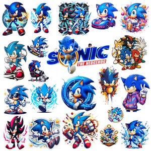 May include: A collection of stickers featuring Sonic the Hedgehog in various poses, including running, driving a race car, and wearing a hoodie. The set includes the text Sonic the Hedgehog and images of characters like Shadow, Tails, and Knuckles.