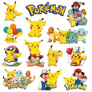 Könnte beinhalten: Eine Sammlung farbenfroher Cartoon-Bilder mit Pikachu und anderen Pokémon-Charakteren. Die Bilder zeigen Pikachu mit Luftballons, in einem Pokéball und mit anderen Pokémon. Das Wort "Pokémon" wird in einem blau-gelben Logo angezeigt.