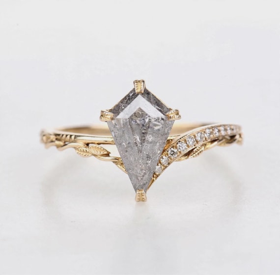 14K Gold Natural Salt & Pepper Diamond Ring, Kite Cut Grey Diamond Engagement Ring, Gold Leaf Ring